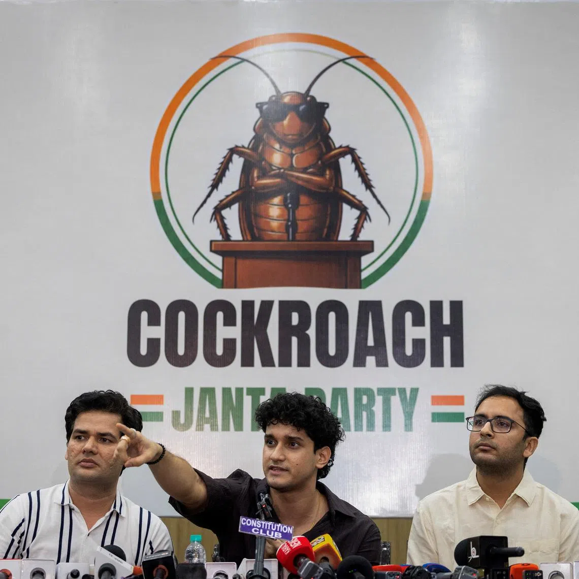 (From left) Cockroach Janta Party (CJP) spokespeople Vijeta Dahiya, Saurav Das and Ashutosh Ranka attend a news conference in New Delhi on June 3.