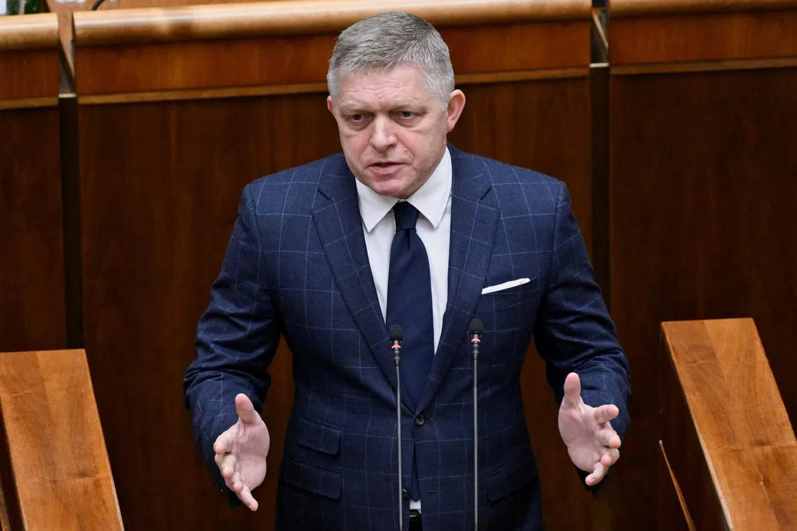 Slovakia's Prime Minister Robert Fico attends a parliamentary session during a no-confidence vote against his government, in Bratislava, Slovakia, January 21, 2025. REUTERS/Radovan Stoklasa/File Photo