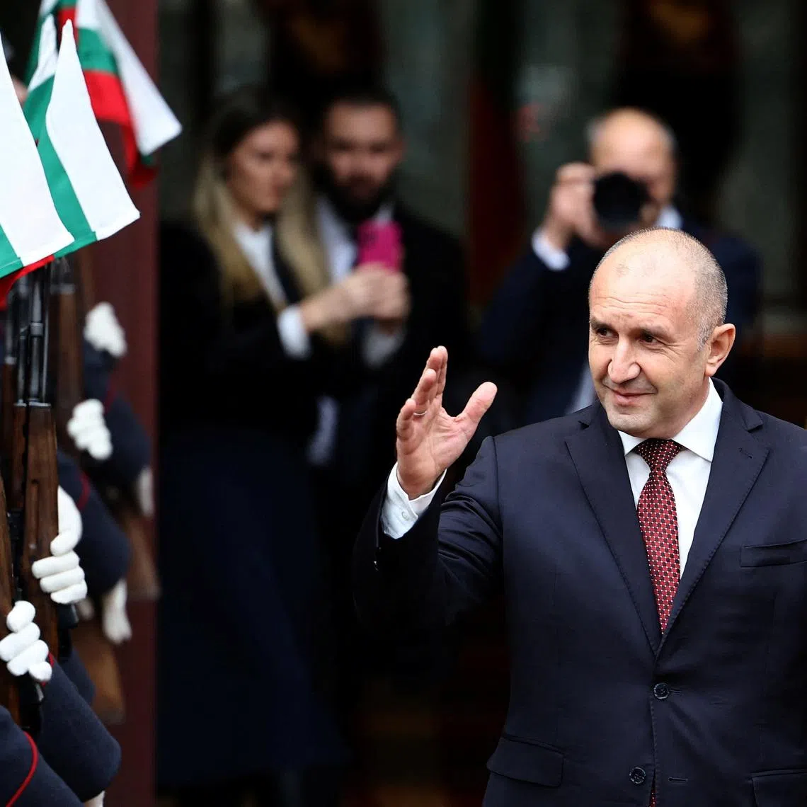 Outgoing Bulgarian President Rumen Radev waves to supporters as he leaves the Presidency to officialy step down, in Sofia, Bulgaria, January 23, 2026. REUTERS/Stoyan Nenov