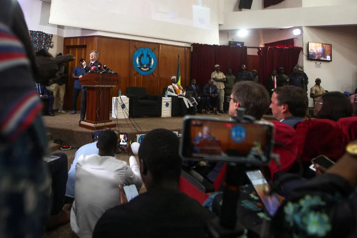 Jean-Luc Melenchon, the French politician and leader of the left-wing party La France Insoumise, speaks during a conference with Senegal's Prime Minister Ousmane Sonko at the Cheikh Anta Diop University, in Dakar, Senegal May 16, 2024. REUTERS/Ngouda Dione