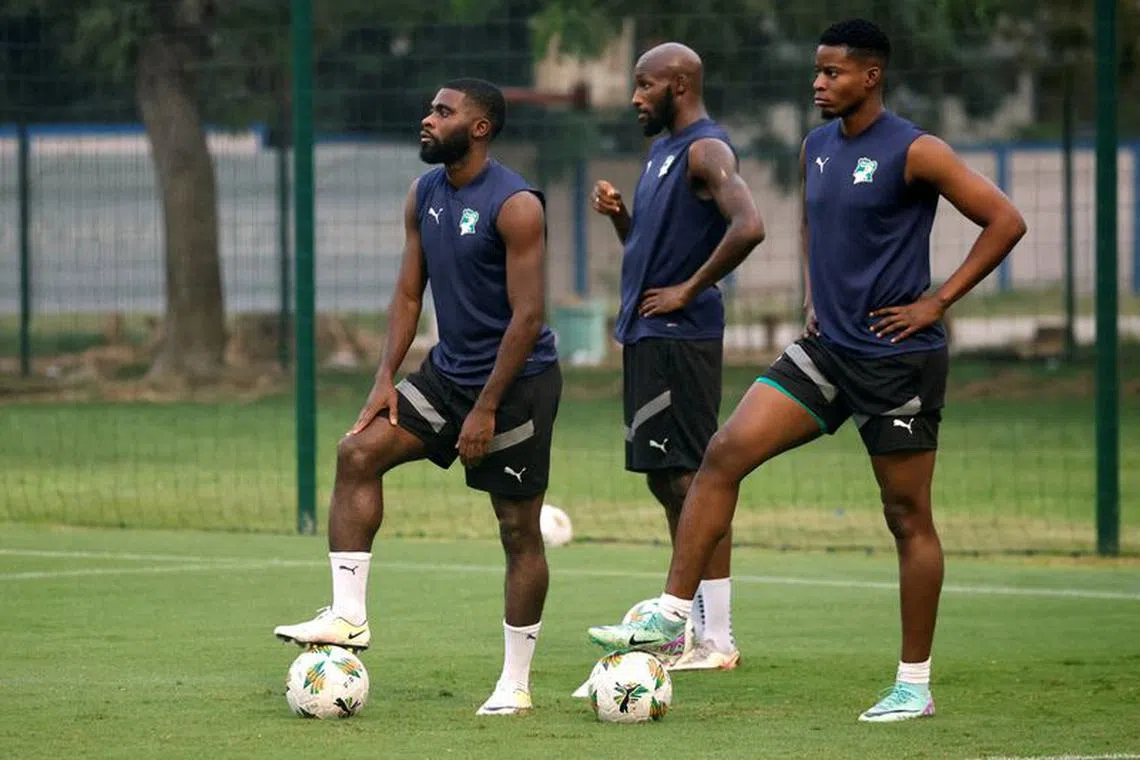 Soccer Football - Africa Cup of Nations - Semi Final - Ivory Coast Training - Lycee Technique de Cocody, Abidjan, Ivory Coast - February 6, 2024 Ivory Coast's Jeremie Boga with teammates during training REUTERS/Luc Gnago