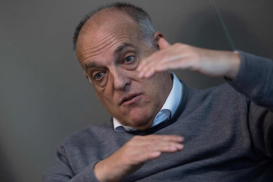 The president of Spanish football Liga Javier Tebas gesturing during an AFP interview in Madrid on Tuesday.