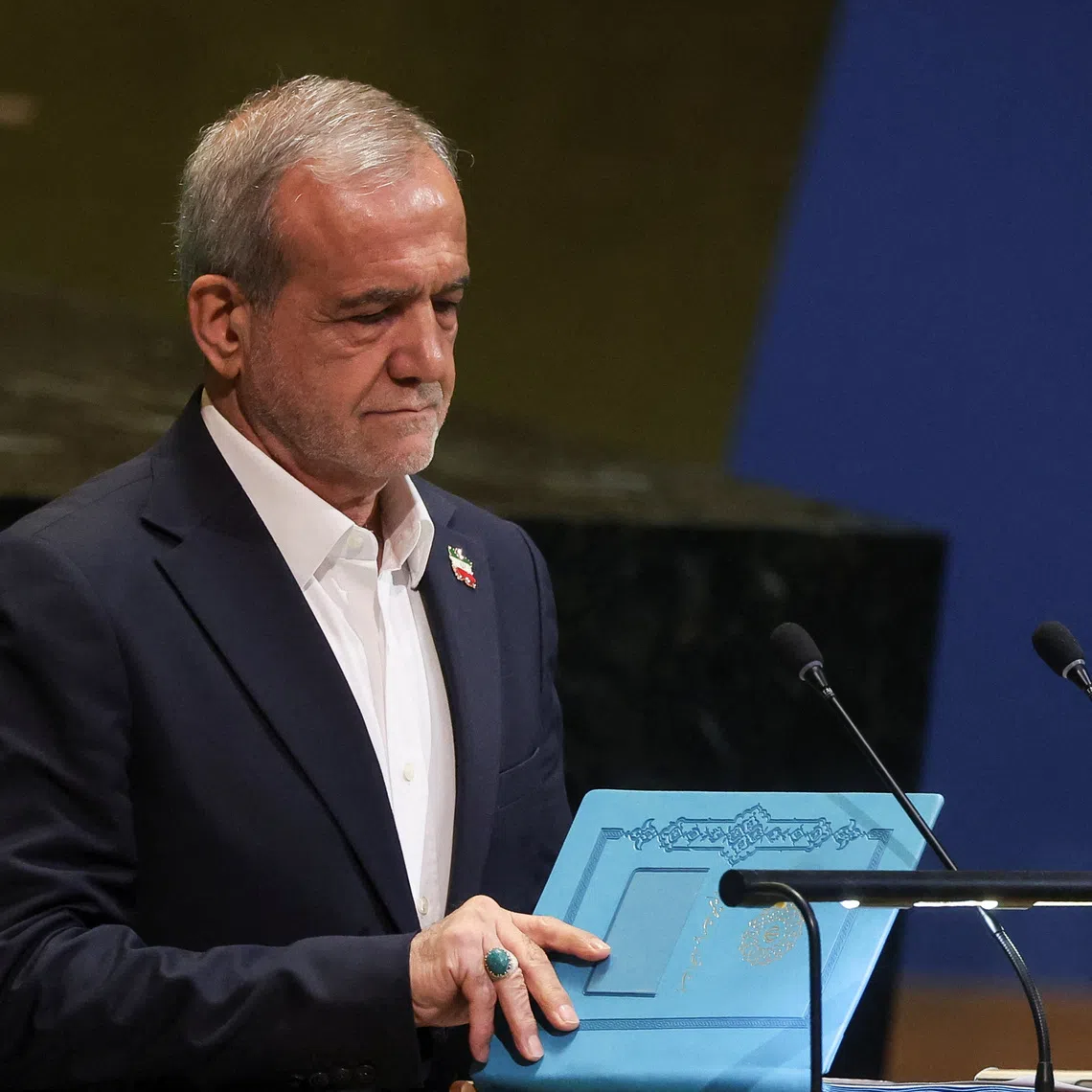 Iran's President Masoud Pezeshkian prepares ahead of addressing the 80th United Nations General Assembly (UNGA) at the U.N. headquarters in New York, U.S., September 24, 2025. REUTERS/Shannon Stapleton