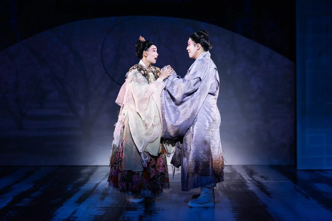 (From left) Cathy-Di Zhang and Meili Li play Zhu Yingtai and Liang Shanbo in the world premiere of The Butterfly Lovers in Melbourne.