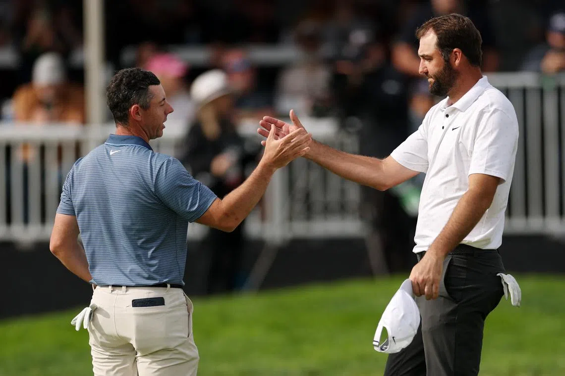 Rory McIlroy and Scottie Scheffler shake hands after their round during the final round of The Genesis Invitational 2025 on Feb 16.