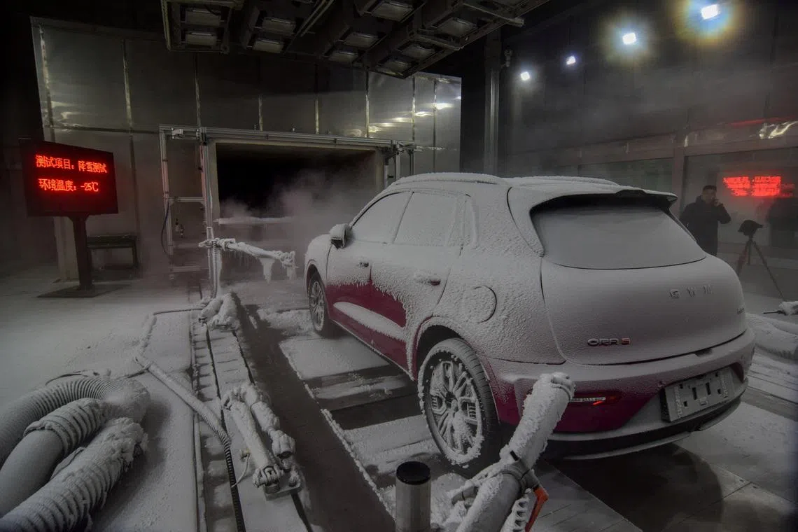 A Great Wall Motor branded Ora 5 model undergoing extreme weather testing at Great Wall Motor's technical centre in Baoding, China, April 21.