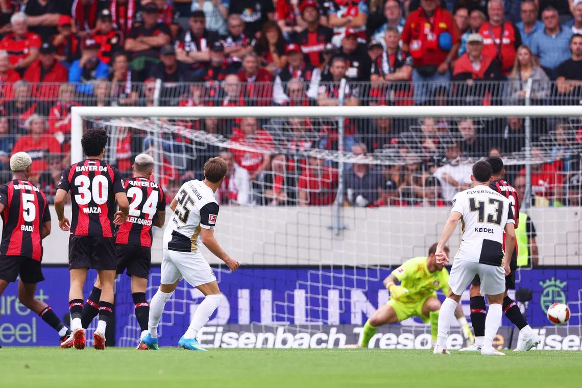 Soccer Football - Bundesliga - SV Elversberg v Bayer Leverkusen - Waldstadion an der Kaiserlinde, Spiesen-Elversberg, Germany - August 29, 2026 SV Elversberg's Lukas Petkov scores their first goal REUTERS/Thilo Schmuelgen