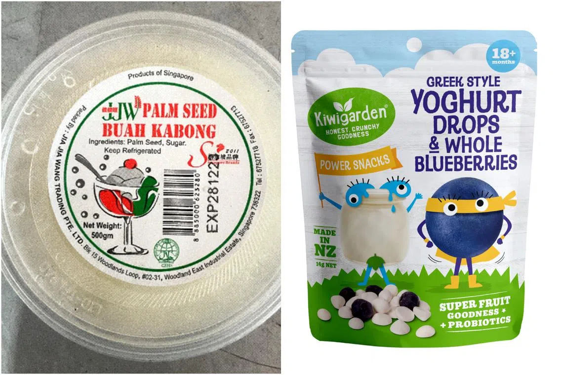 Palm Seed Buah Kabong (left) was found to have an undeclared allergen, while Kiwigarden’s yoghurt drops were being recalled over a potential choking hazard.
