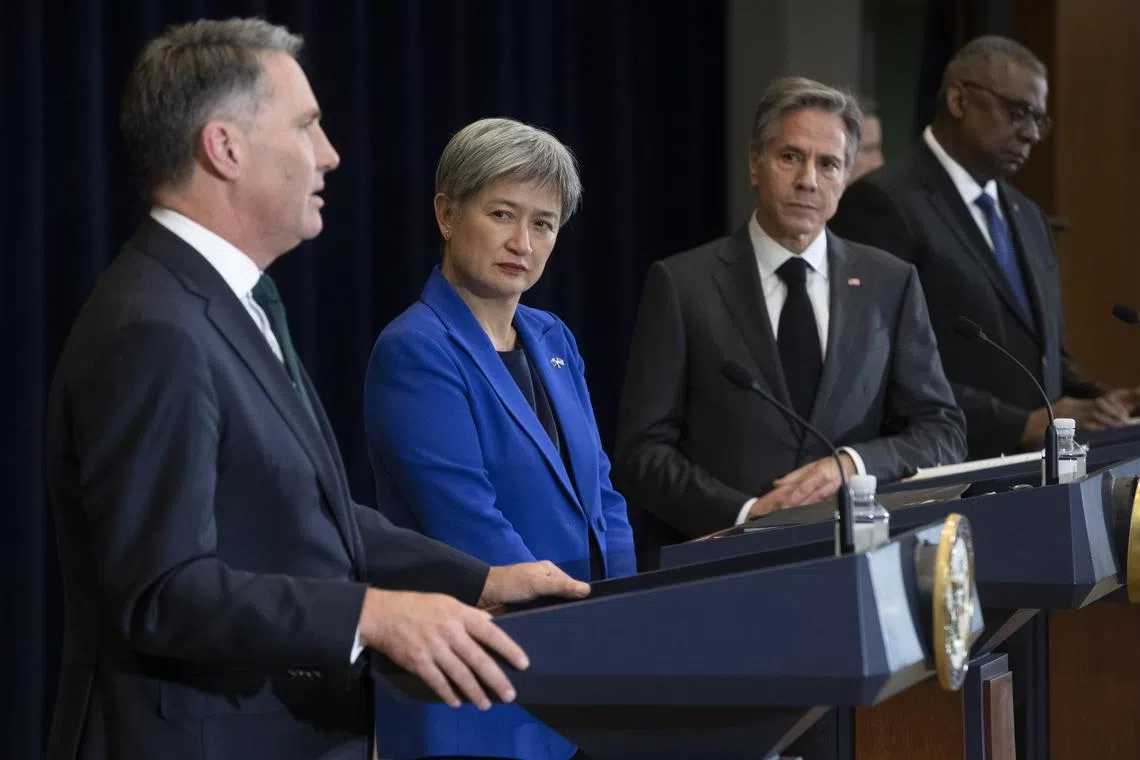 epa10353051 (L to R); Australian Deputy Prime Minister and Minister for Defence Richard Marles, Australian Foreign Minister Penny Wong, US Secretary of State Antony Blinken and US Secretary of Defense Lloyd Austin participate in a news conference following the 32nd annual Australia - US Ministerial (AUSMIN) consultations, at the Department of State in Washington, DC, USA, 06 December 2022.  EPA-EFE/MICHAEL REYNOLDS