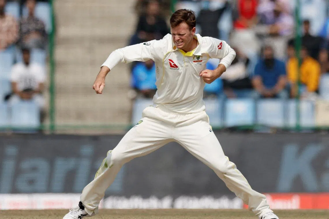 FILE PHOTO: Cricket - Second Test - India v Australia - Arun Jaitley Stadium, New Delhi, India - February 18, 2023 Australia's Matthew Kuhnemann celebrates after taking the wicket of India's Virat Kohli REUTERS/Adnan Abidi/File Photo