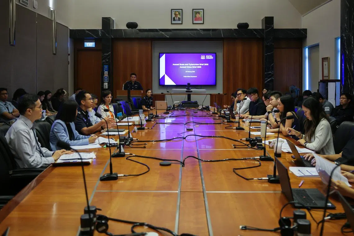 SPF holding a media briefing for the annual scam statistics at Ministry of Home Affairs Tower of New Phoenix Park on Feb 20.