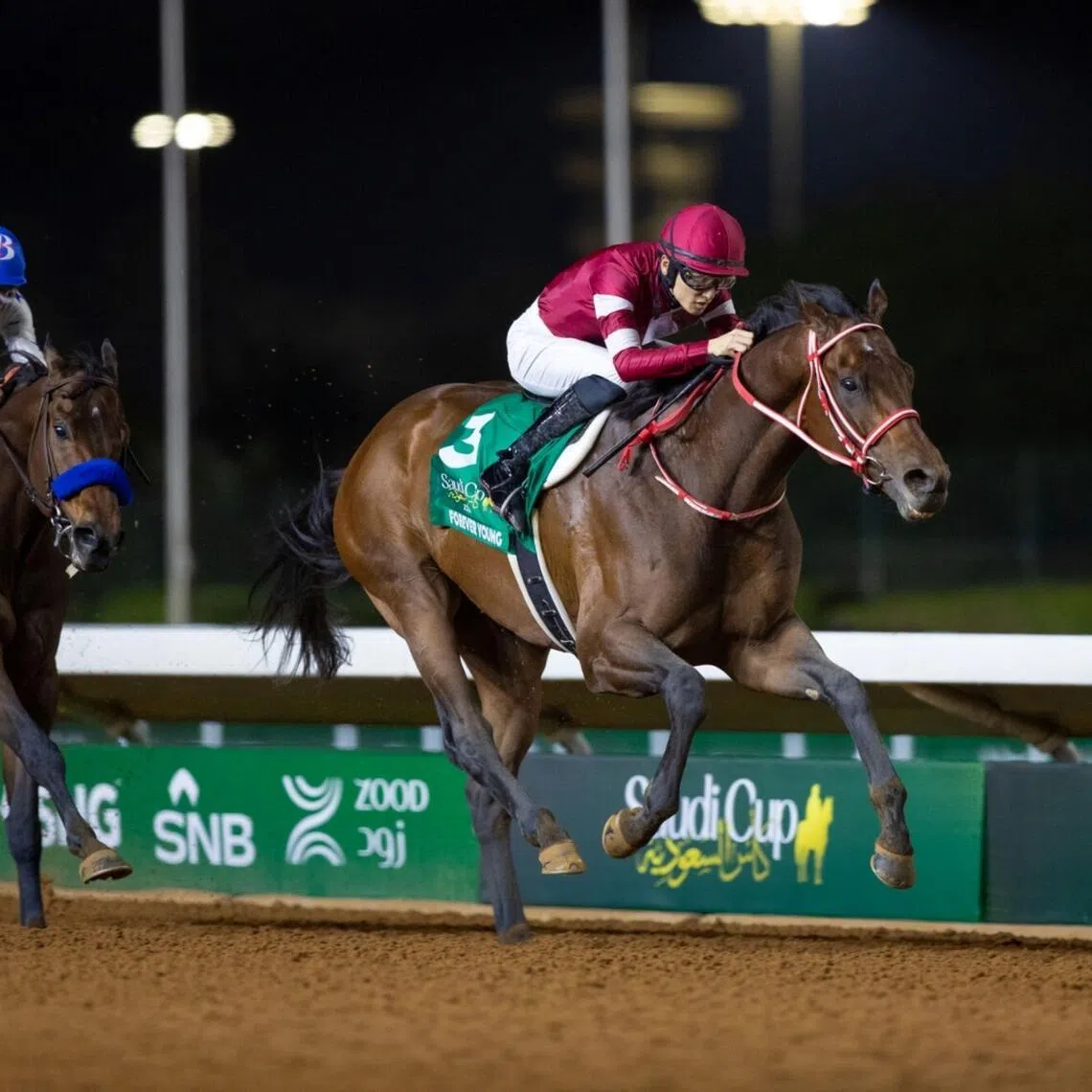 Japan’s Forever Young (Ryusei Sakai) striding away from the US-trained Nysos (Flavien Prat) on his way to a second Group 1 Saudi Cup (1,800m) success at King Abdulaziz racecourse on Feb 14, 2026. 