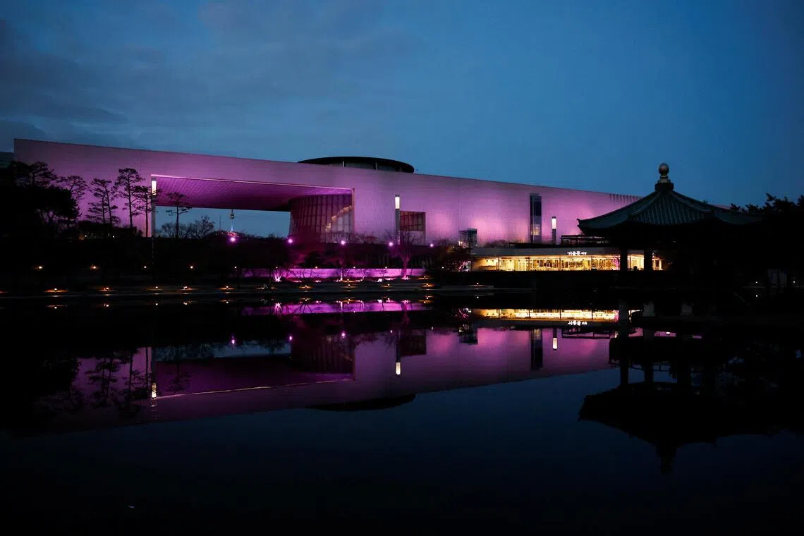 The National Museum of Korea is illuminated in pink, to commemorate the release of K-pop band BLACKPINK's new EP 'DEADLINE', in Seoul, South Korea, February 27, 2026. REUTERS/Kim Soo-hyeon