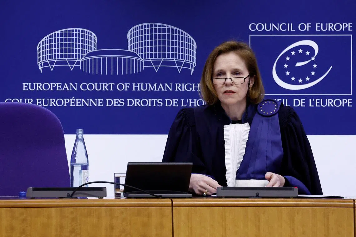 Siofra O'Leary, ECHR Court President, speaks during the verdict on three climate cases, where applicants have argued that government inaction on climate change violates human rights, case Duarte Agostinho and Others v. Portugal and 32 Other States, case Verein KlimaSeniorinnen Schweiz and Others v. Switzerland, and case Careme v France, at the European Court of Human Rights (ECHR) in Strasbourg, France, April 9, 2024. REUTERS/Christian Hartmann/File Photo