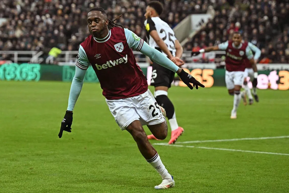 West Ham defender Aaron Wan-Bissaka celebrates after scoring their second goal in the 2-0 English Premier League win over Newcastle.