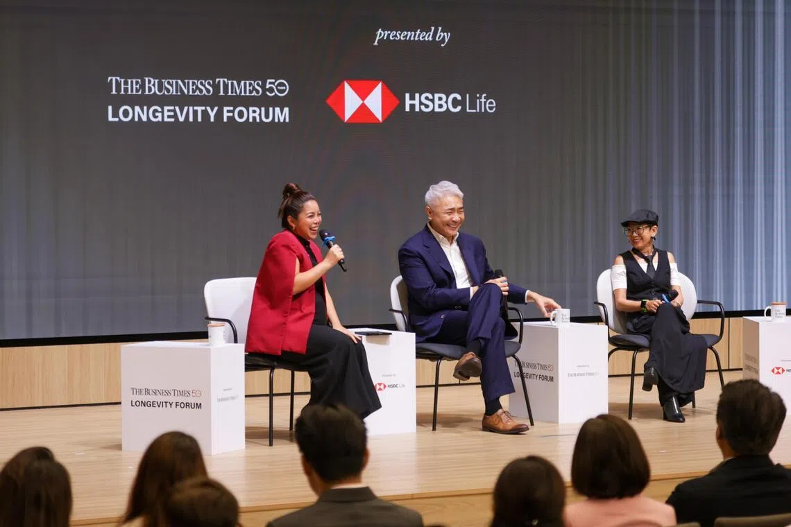A second panel, Living Fully: Real Stories of Health, Purpose and Reinvention, shifted the focus to lived experiences. Moderated by media personality Charmine Yee (left), actor-director Tay Ping Hui and content creator Vicsland Poh shared their perspectives on staying active, purposeful and engaged later in life.