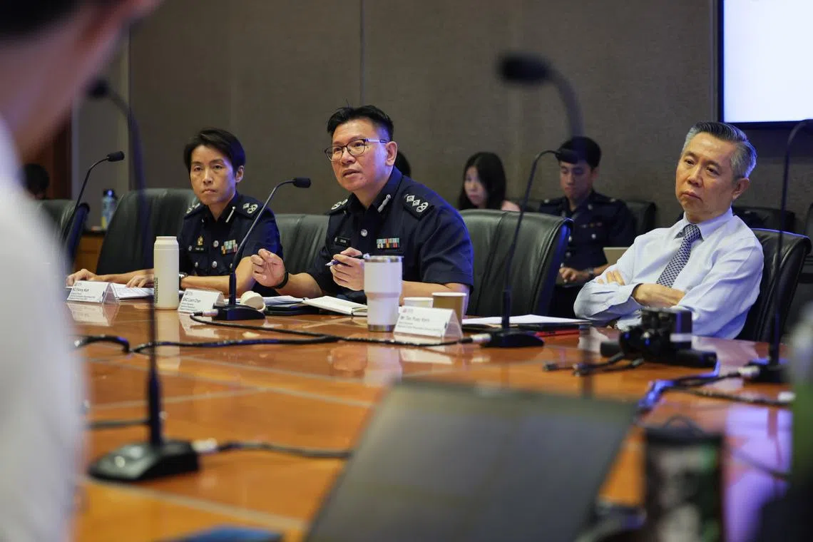 (From left) Assistant Commissioner of Police Fanny Koh, Senior Assistant Commissioner of Police Leon Chan and Mr Tan Puay Kern Vice Chairman National Crime Prevention Council at a media briefing on Feb 20.