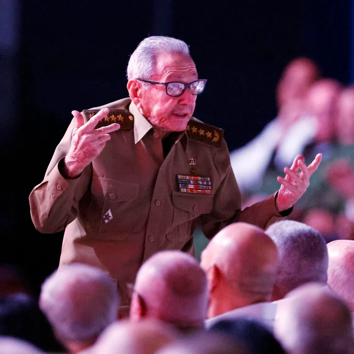 Former Cuban President Raul Castro attends the commemoration of the 100th anniversary of the birth of Cuban Revolution leader Fidel Castro at the Karl Marx Theatre in Havana, Cuba.