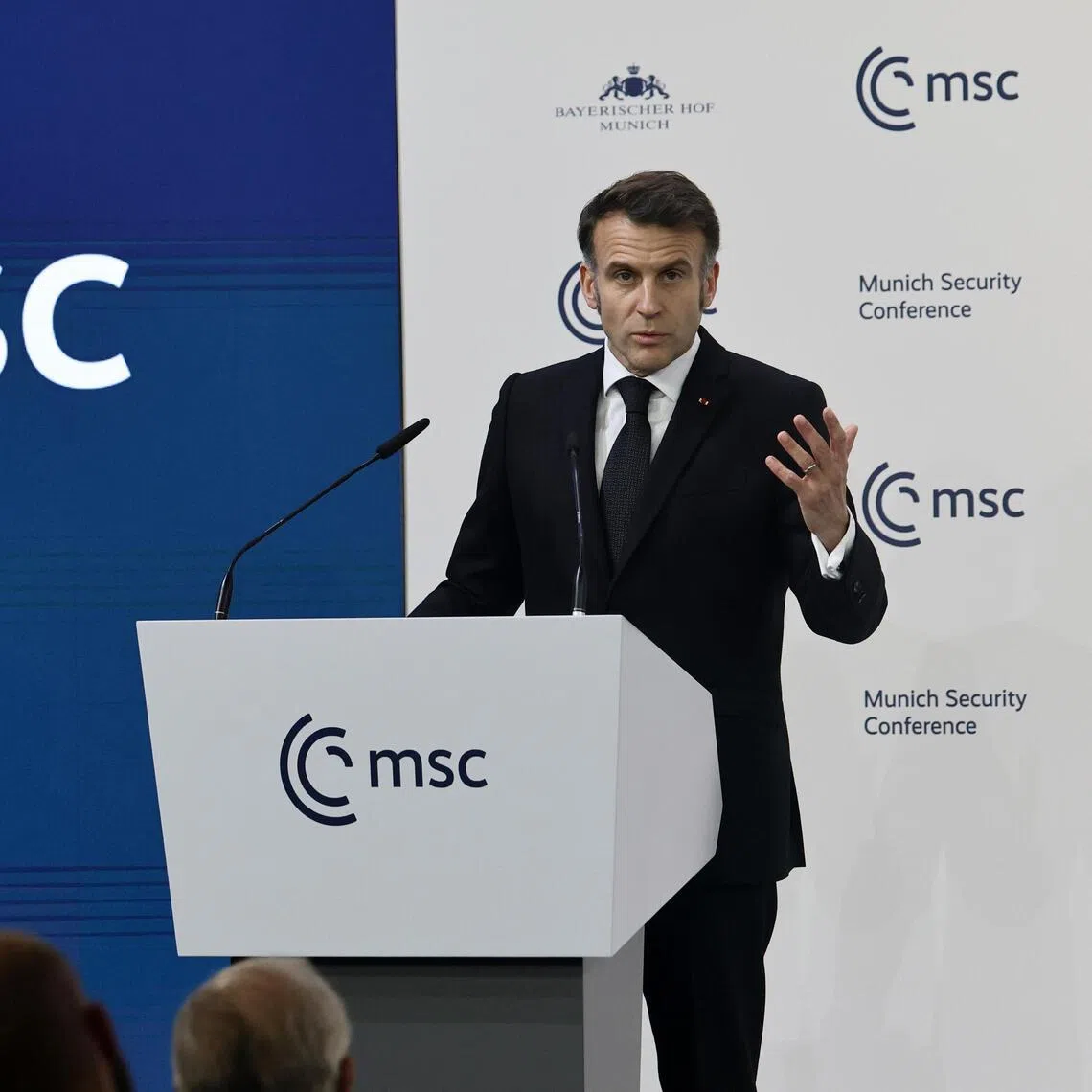 French President Emmanuel Macron speaking at the 62nd Munich Security Conference, in Munich, Germany, on Feb 13.