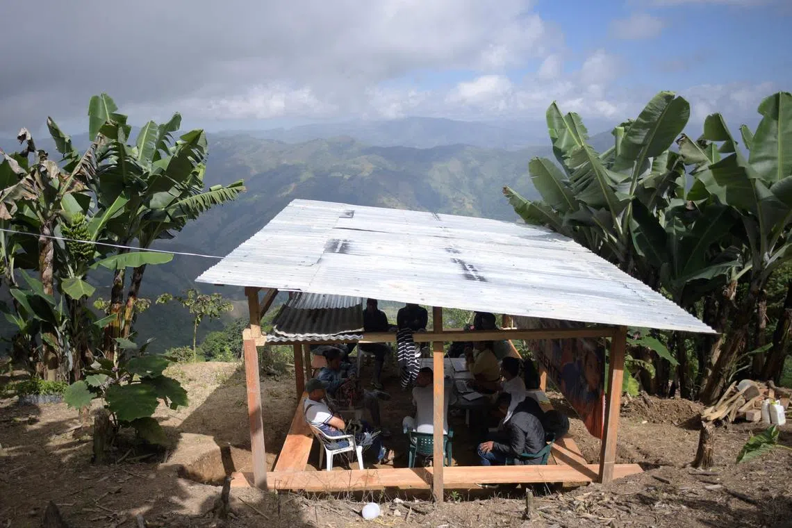 In this file photo taken on Aug 19, 2022, members of the Peasant Association of Catatumbo and coca grower leaders hold a meeting in Catatumbo, a region that is home to the largest area of illegal coca leaf crops used to make cocaine in the world, making it a hub for organized crime. 