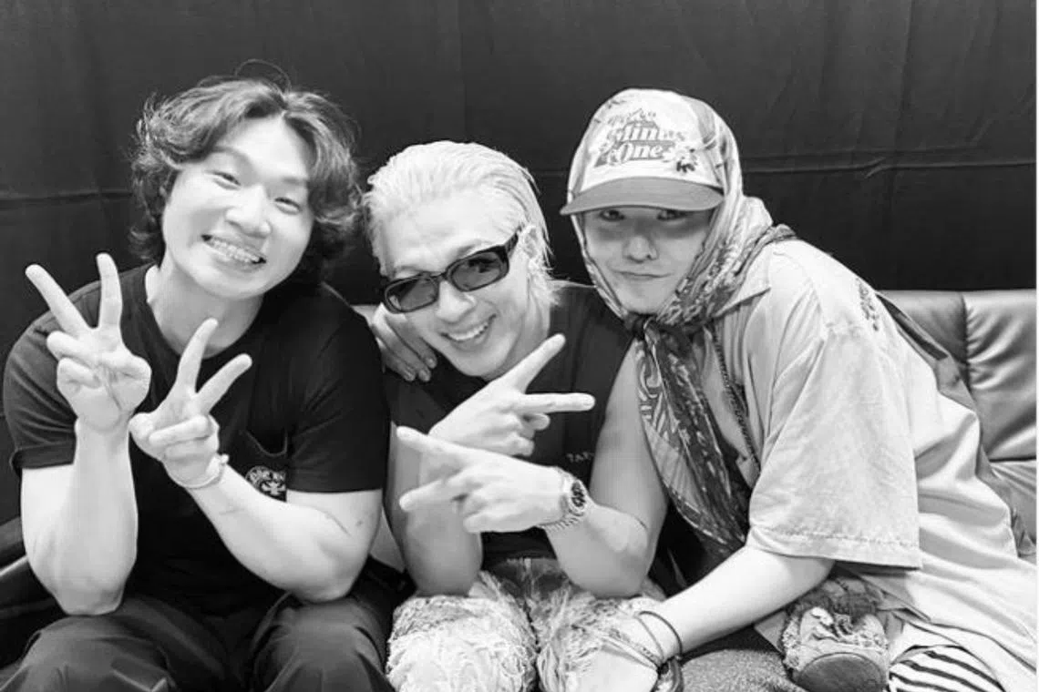 BigBang members (from left) Daesung, Taeyang and G-Dragon backstage at Taeyang's two-night solo concert in Seoul, held on Aug 31 and Sept 1.