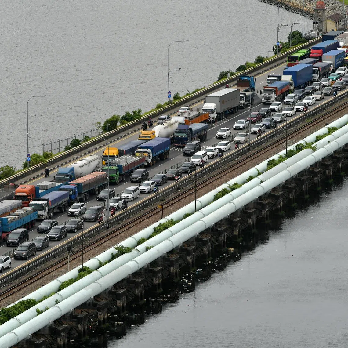 A traffic jam on the Woodlands Causeway for traffic heading toward Singapore at approximately 3.30pm on Oct 12, 2022.
