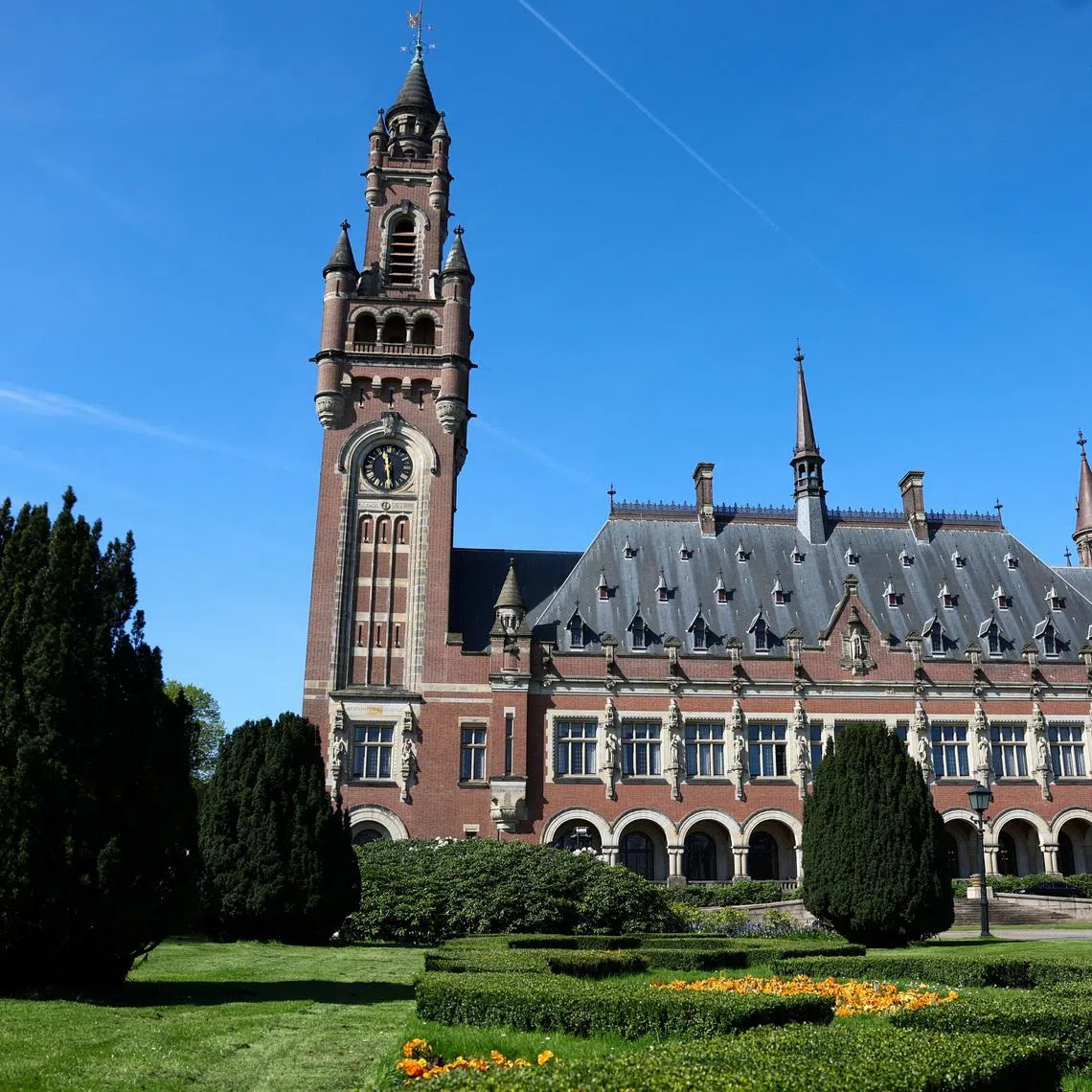 FILE PHOTO: A view shows the Peace Palace, which houses the International Court of Justice (ICJ), in The Hague, Netherlands, April 28, 2025. REUTERS/Piroschka van de Wouw/File Photo