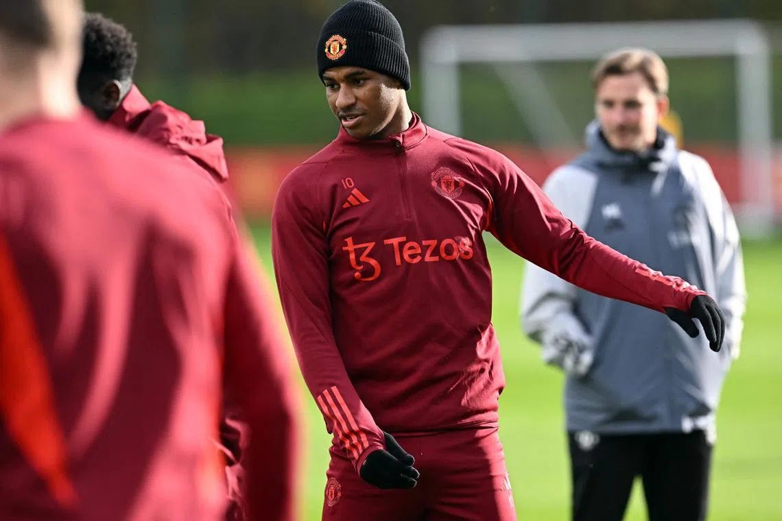 Manchester United's English striker Marcus Rashford attending a training session at the Carrington Training Complex in Manchester on Tuesday on the eve of their Champions League Group A football match away against FC Copenhagen.