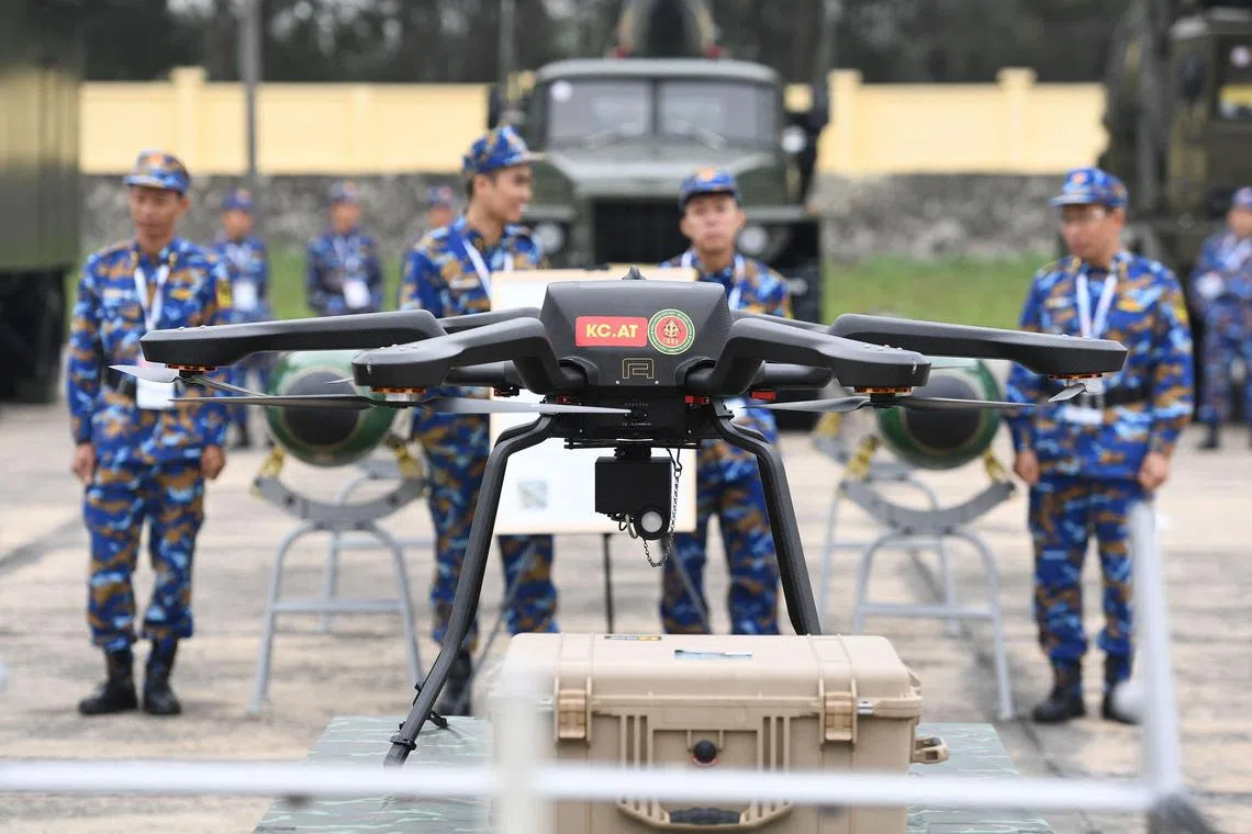 A military drone is displayed during the Vietnam 2022 International Defense Expo in Hanoi, on Dec 8, 2022.