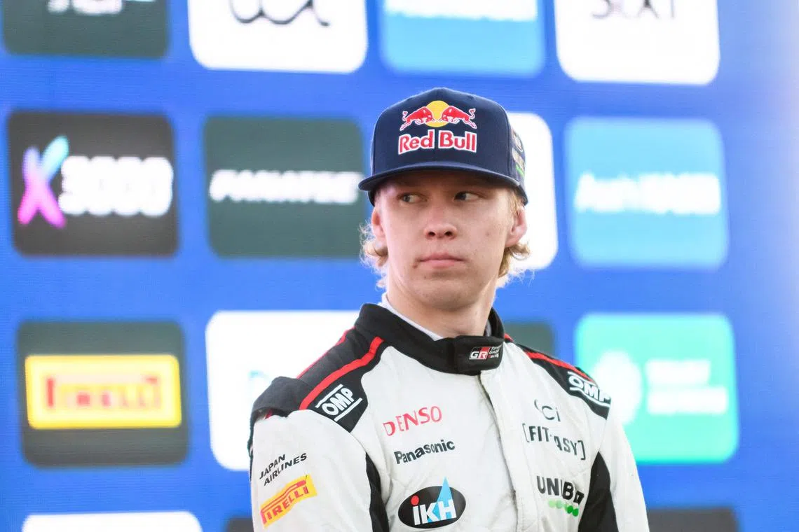 Finland's Kalle Rovanpera (above) leads French Toyota teammate Sebastien Ogier by 42.5 seconds at the WRC TET Rally Latvia on July 20, 2024 in Liepaja, Latvia.