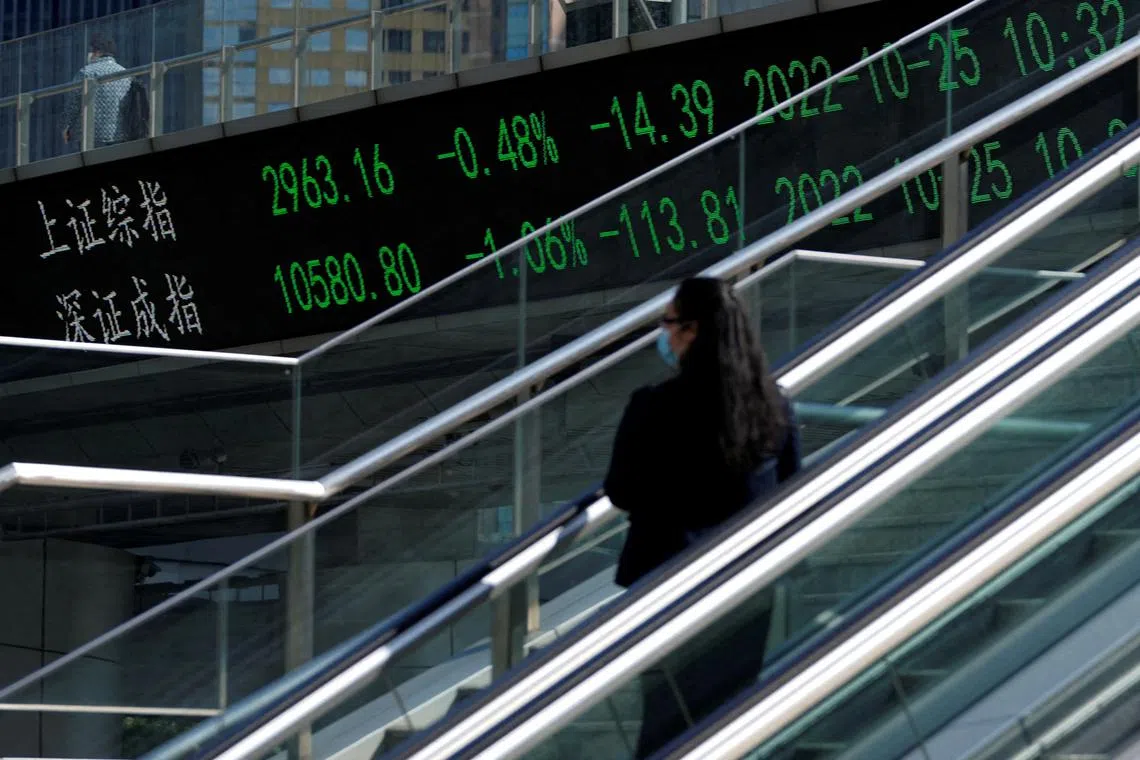 An electronic board shows Shanghai and Shenzhen stock indexes in Shanghai, on Oct 25, 2022. 