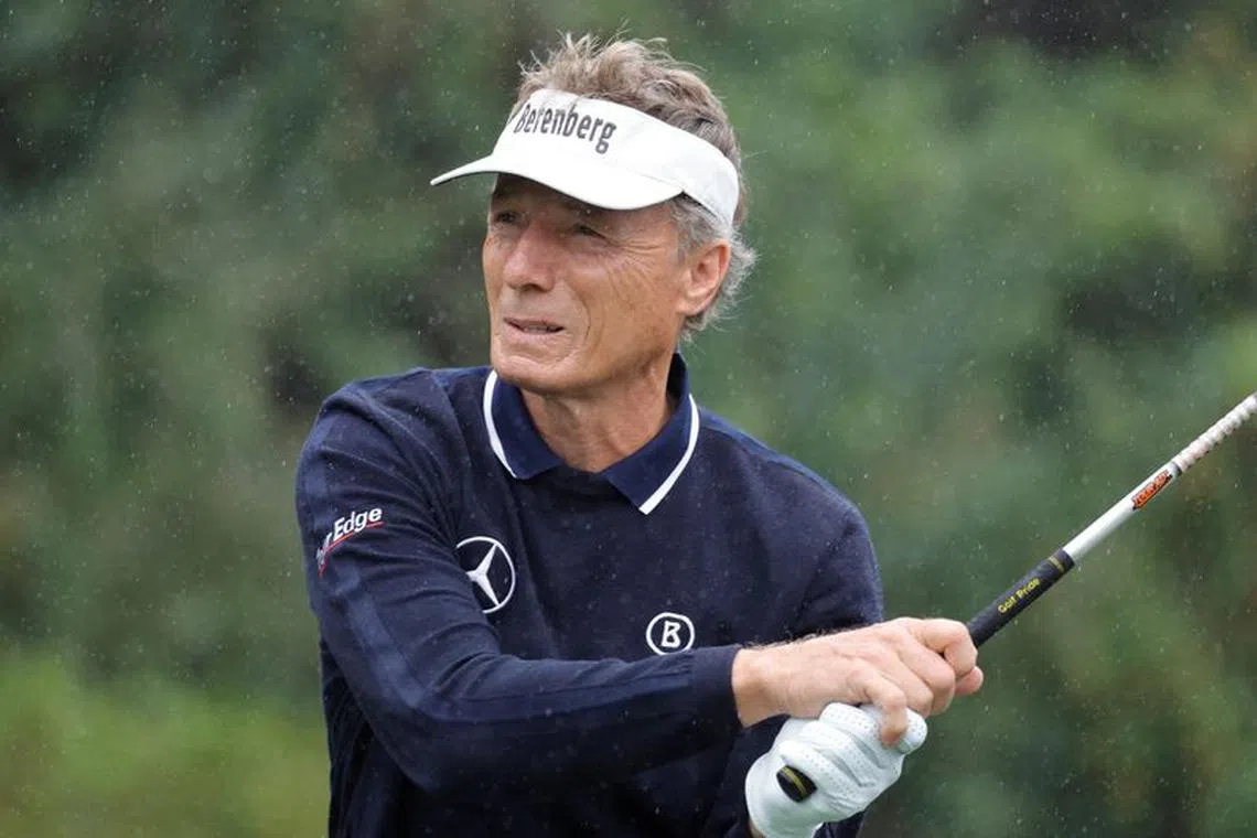 FILE PHOTO: Dec 17, 2023; Orlando, Florida, USA;  Bernhard Langer plays his shot from the first tee during the PNC Championship at The Ritz-Carlton Golf Club./Reinhold Matay-USA TODAY Sports/File Photo