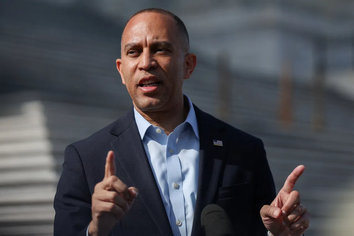 U.S. House Minority Leader Hakeem Jeffries (D-NY) speaks during a press conference on the House steps, weeks into the continuing U.S. government shutdown on Capitol Hill in Washington, D.C., U.S., October 23, 2025. REUTERS/Kylie Cooper