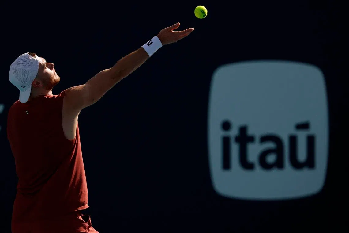 Mar 20, 2026; Miami Gardens, FL, USA; Jack Draper (GBR) serves against Reilly Opelka (USA) (not pictured) on day four of the 2026 Miami Open at Hard Rock Stadium. Mandatory Credit: Geoff Burke-Imagn Images
