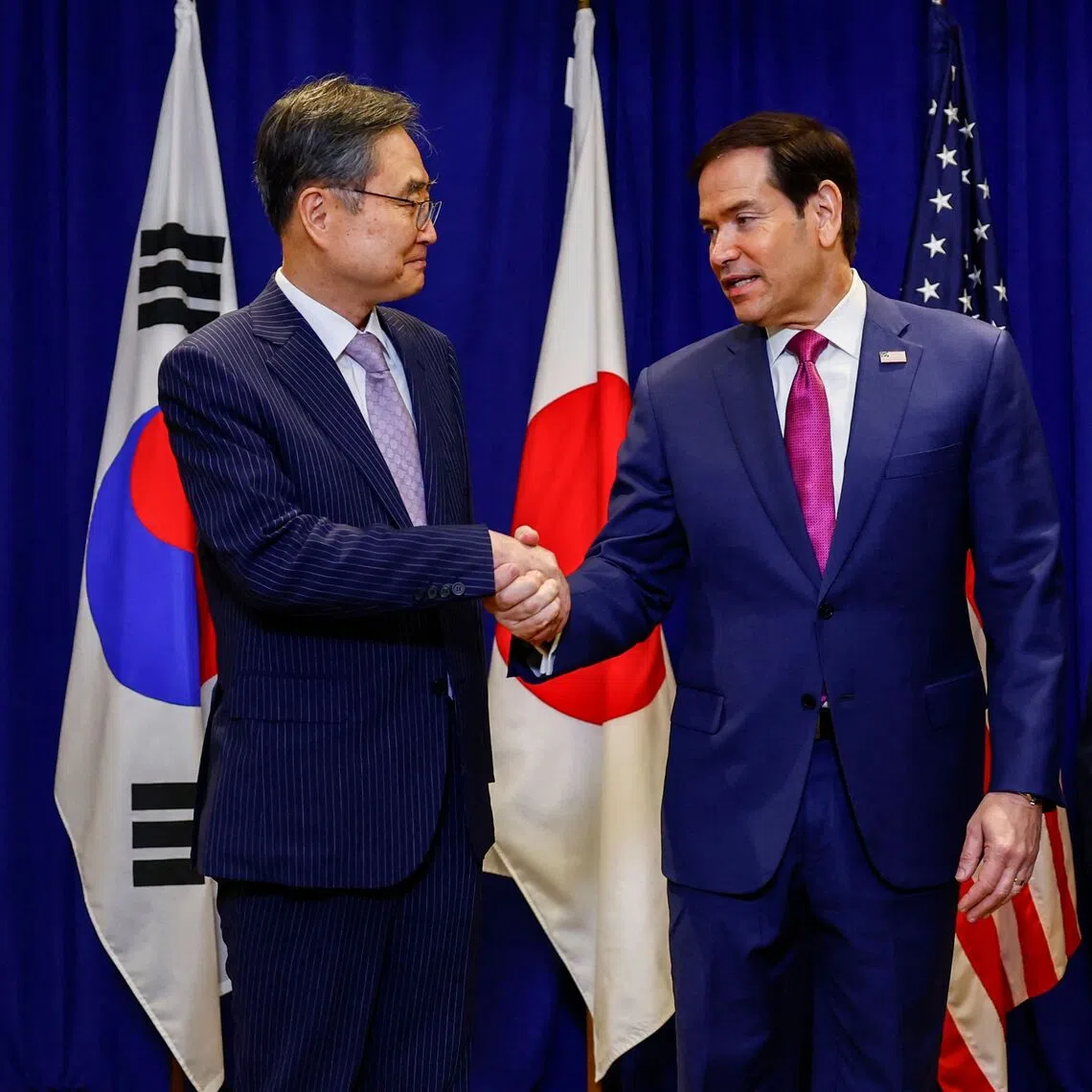 South Korean Foreign Minister Cho Hyun (left) and Japanese Foreign Minister Toshimitsu Motegi (right) meet with US Secretary of State Marco Rubio on the sidelines of the UN General Assembly in New York City on Sept 21.