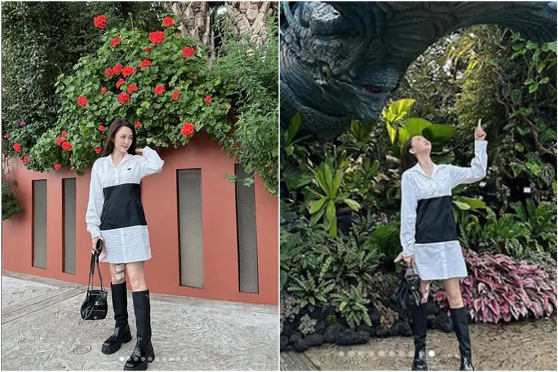 Joe Chen was dressed in a Prada shirt dress and knee-high boots, with a Chanel backpack.