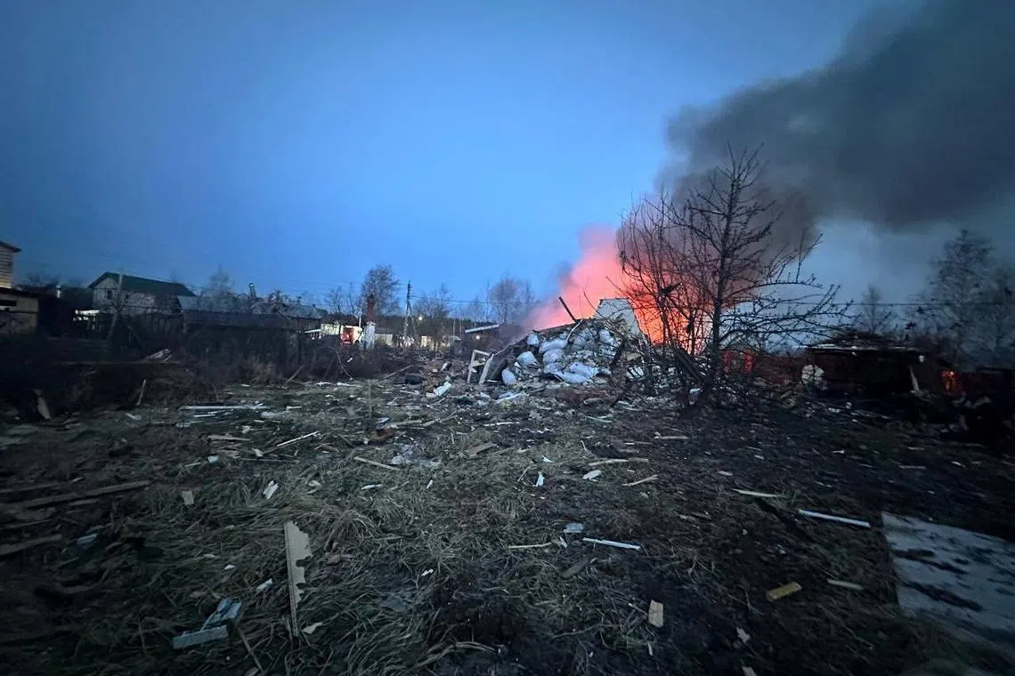 A residential house is ablaze after Ukraine's drone attack in the Moscow region.