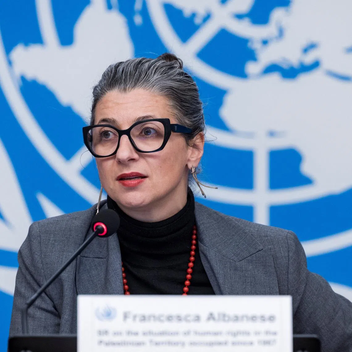 Special Rapporteur on the situation of human rights in the occupied Palestinian territory, Francesca Albanese, speaks during a press conference at the European headquarters of the UN in Geneva, Switzerland, December 11, 2024. REUTERS/Pierre Albouy