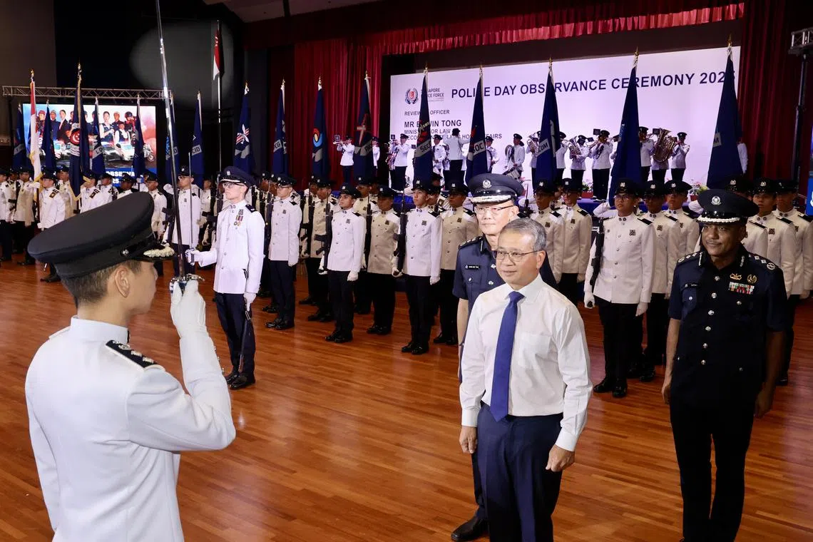 Second Minister for Home Affairs Edwin Tong during the inspection of the guard of honour contingent at the Police Day observance ceremony at the Home Team Academy on June 3.