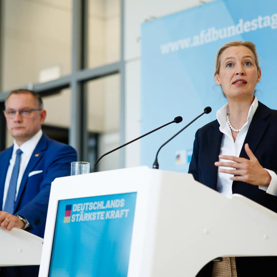 AfD co-chairwoman Alice Weidel (right) taking part in a media briefing in Berlin, Germany, on Oct 6, with co-chairman Tino Chrupalla.