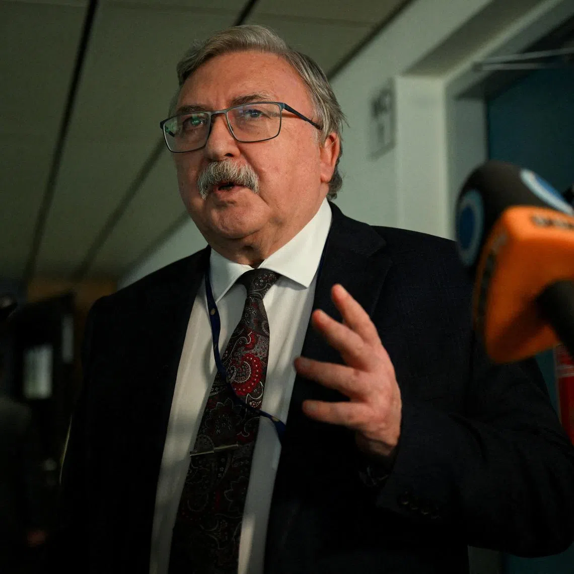 Russia's Permanent Representative to International Organisations in Vienna, Mikhail Ulyanov, speaks to the media on the sidelines of a meeting of the IAEA Board of Governors in Vienna, Austria, June 5, 2026. REUTERS/Elisabeth Mandl