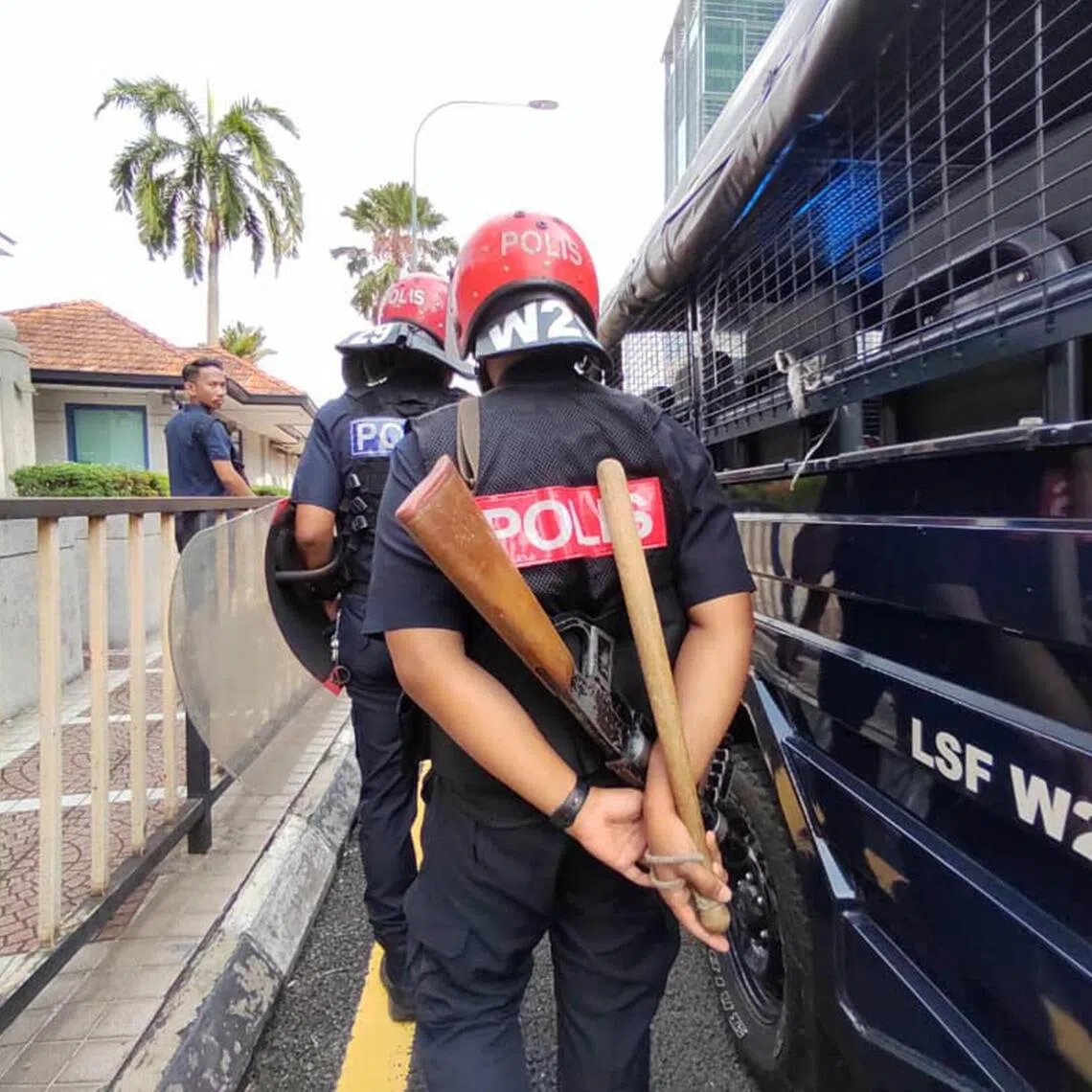Malaysian police Light Strike Force Unit getting ready to face protestors at the US Embassy in Kuala Lumpur on Sept 25, 2025.