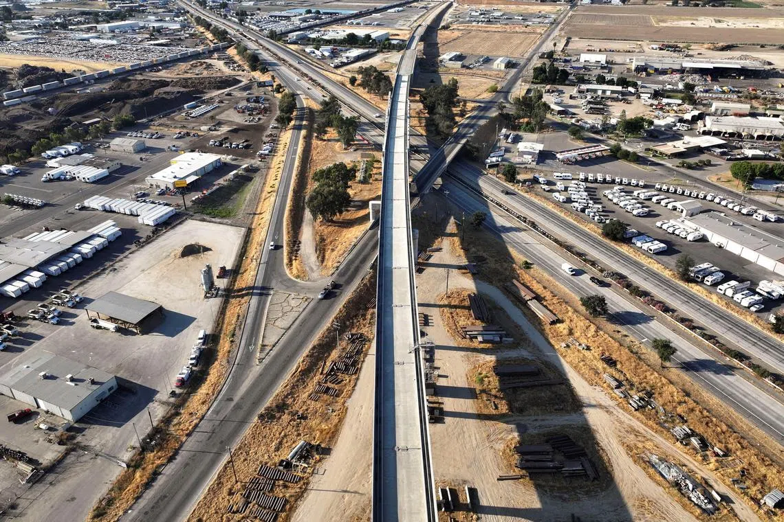 A drone view of a California High-Speed Rail Bridge where it crosses through Fresno, California, U.S. June 8, 2025.  REUTERS/Fred Greaves