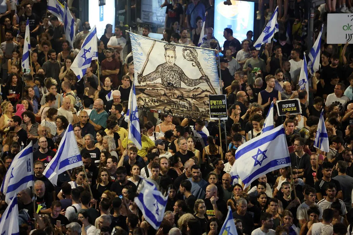 Protesters calling for the release of Israelis held hostage by Palestinian militants in Gaza, in Tel Aviv on Sept 1.