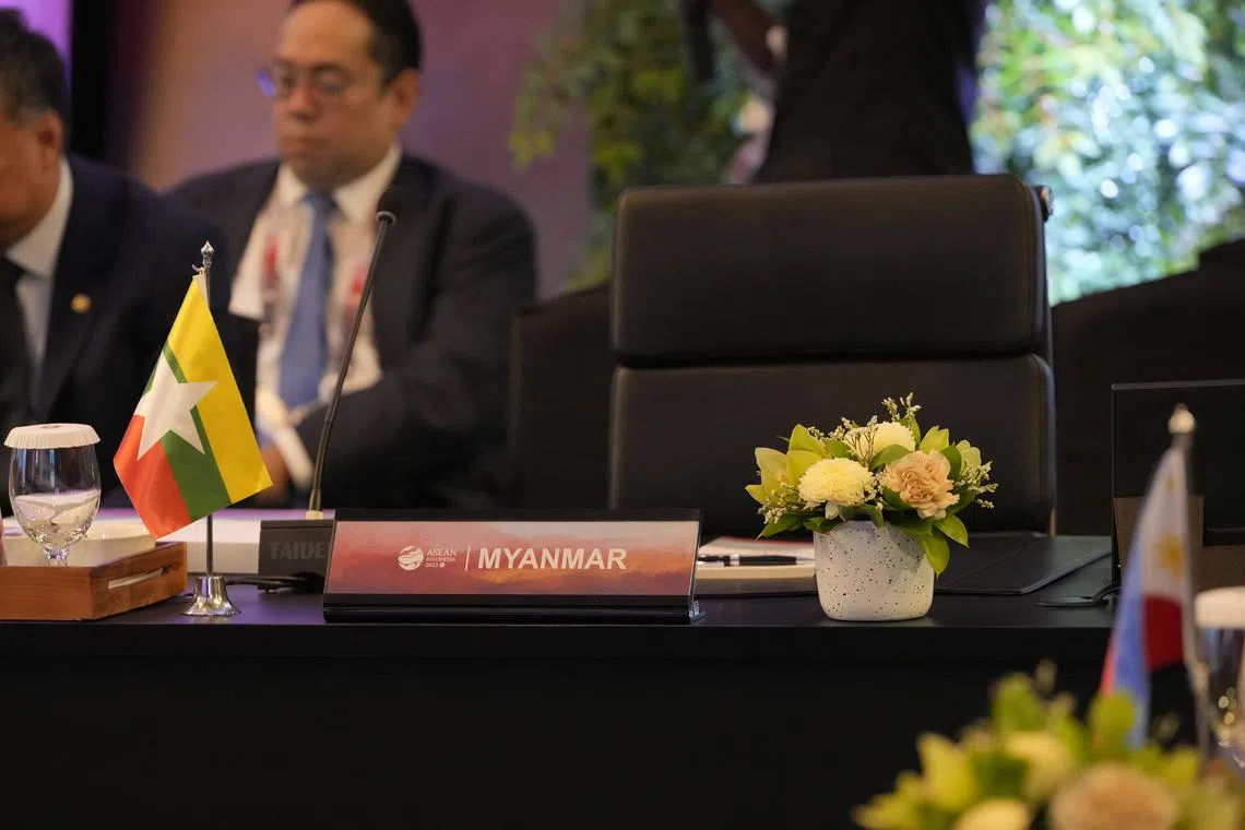 The seat reserved for Myanmar is left empty during the Asean Foreign Ministers’ Meeting in Jakarta on July 11.