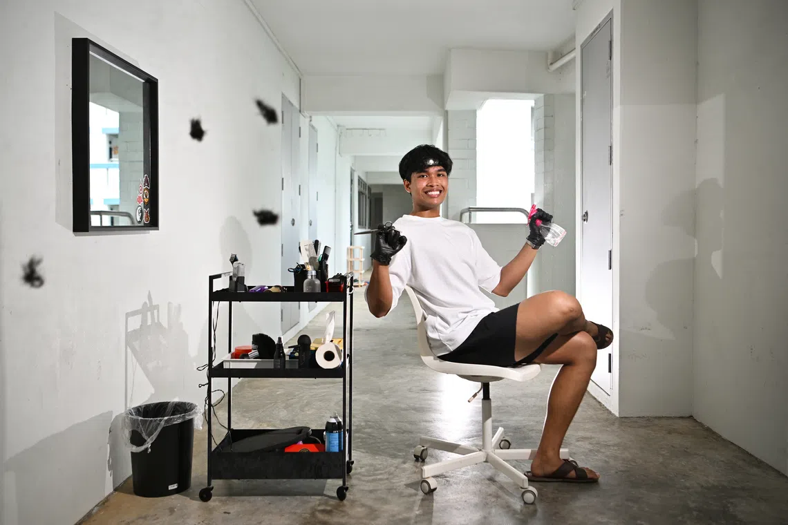 By day, Muhammad Irfan Azman is a polytechnic student studying computer engineering. But on weekends, he takes out his hair clippers and shave as a freelance barber.