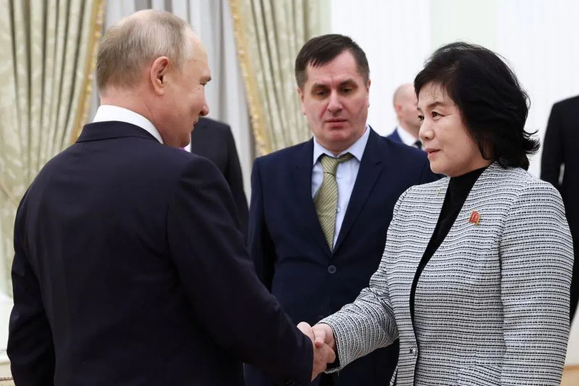 FILE PHOTO: Russian President Vladimir Putin meets North Korean Foreign Minister Choe Son Hui in Moscow, Russia, January 16, 2024.  Sputnik/Artem Geodakyan/Pool via REUTERS/File Photo