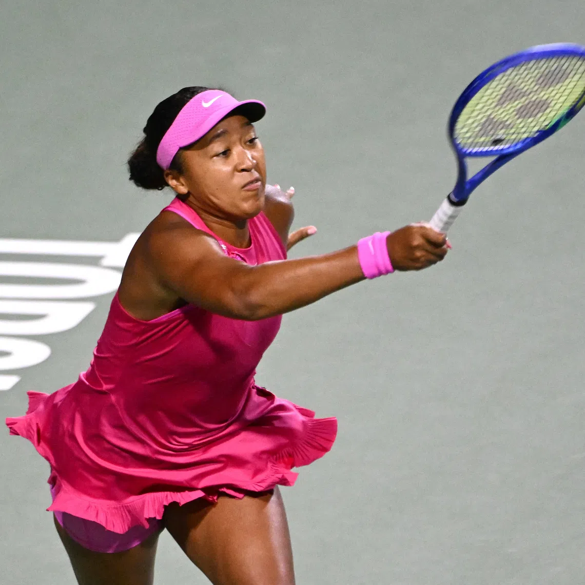 Aug 11, 2026; Toronto, Ontario, Canada;  Naomi Osaka (JPN) plays a shot against Elena Rybakina (KAZ) during quarter final play at Sobeys Stadium. Mandatory Credit: Dan Hamilton-Imagn Images