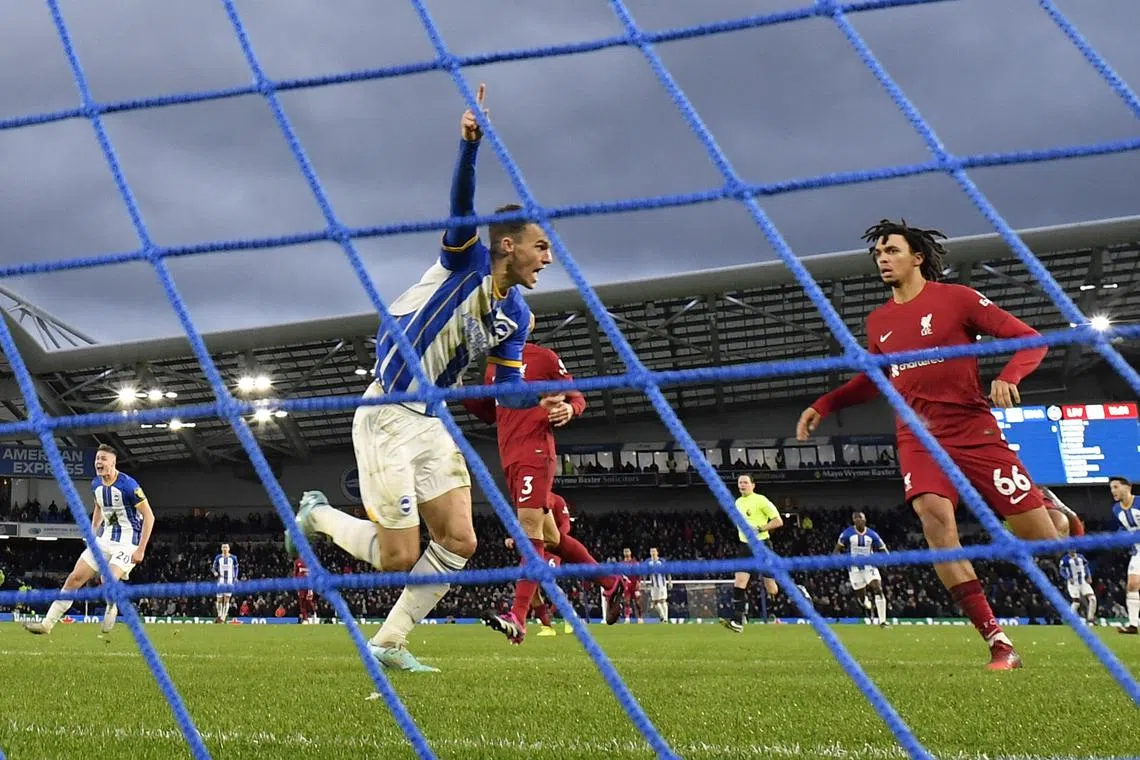 Brighton & Hove Albion's Solly March celebrates scoring their first goal.