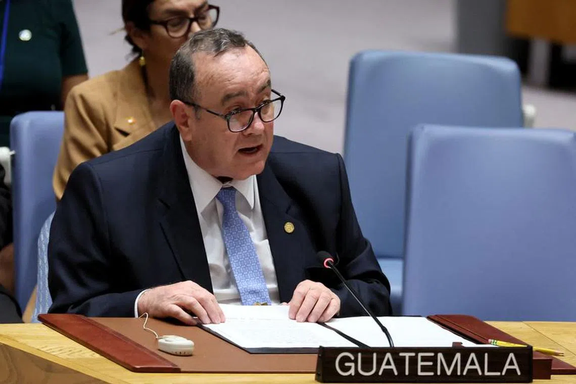 Guatemala’s President Alejandro Eduardo Giammattei Falla, addresses a ministerial level meeting of the United Nations Security Council on the crisis in Ukraine at U.N. headquarters in New York, September 20, 2023. REUTERS/Brendan McDermid/File Photo